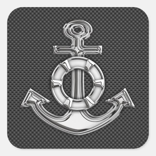 Silver Lifesaver Anchor on Black Carbon Fibre Square Sticker (Front)
