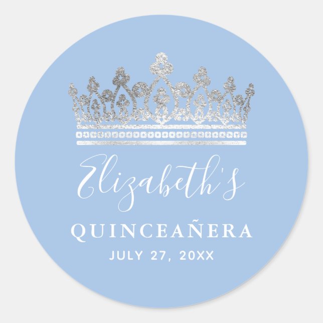 Silver Light Baby Blue Roses Elegant Quinceanera Classic Round Sticker (Front)