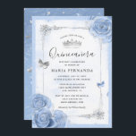 Silver Light Baby Blue Roses Elegant Quinceanera Invitation<br><div class="desc">Elegant light baby blue and silver quinceanera invitations that can be easily personalized for a sweet 15/15 birthday party! The pastel blue luxurious design features silver butterfly confetti along with light blue watercolor roses painted by Raphaela Wilson. On on both sides of the card, a fancy scrolled gown/dresses border accents...</div>