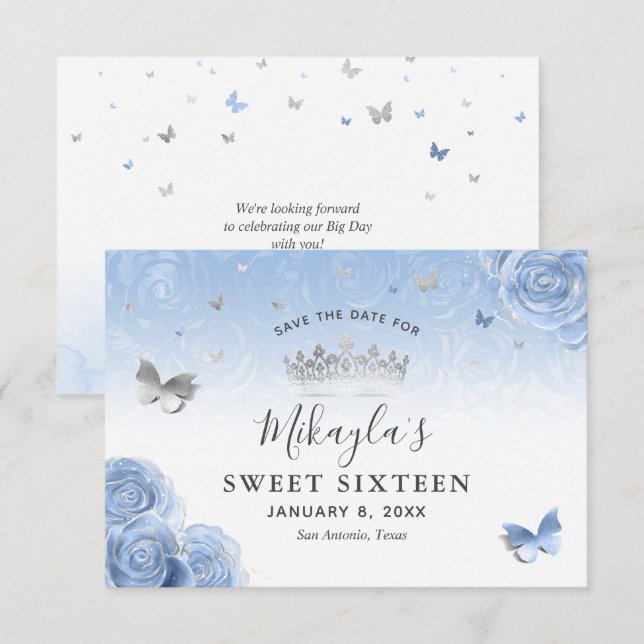 Silver Light Baby Blue Roses Elegant Save The Date (Front/Back)