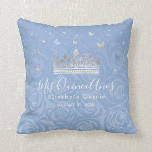Silver Light Baby Blue Roses Mis Quince Anos Throw Pillow