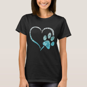 Silver Light Blue Dog Paw Print Heart For Dogs Lov T-Shirt