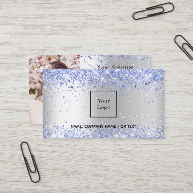 Silver light blue photo QR code Business Card (Front/Back In Situ)