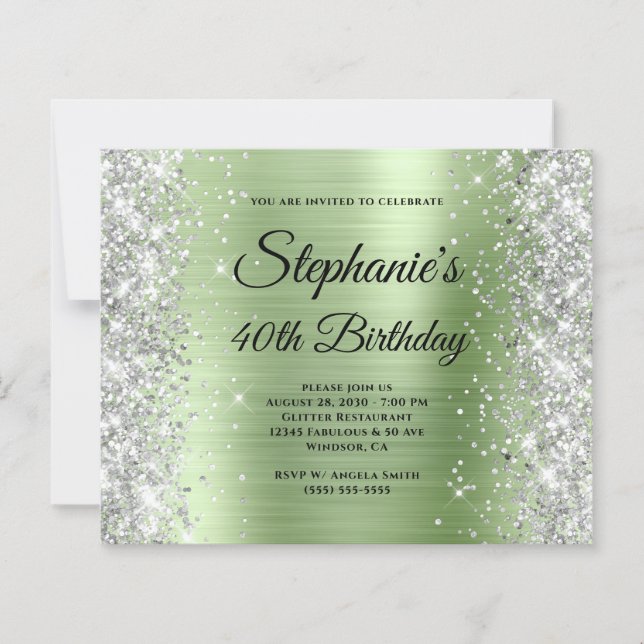 Silver Light Mint Glam Monogram 40th Birthday (Front)
