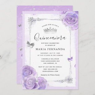 Silver Light Purple Roses Elegant Quinceanera Invitation