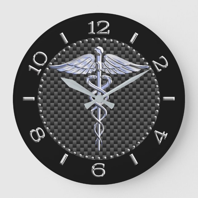 Silver Like Caduceus Medical Symbol Black Dial Large Clock (Front)