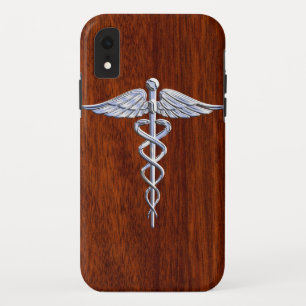 Silver Like Caduceus Medical Symbol Mahogany Print iPhone XR Case