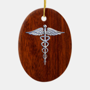 Silver Like Caduceus Medical Symbol Mahogany Print Ceramic Ornament