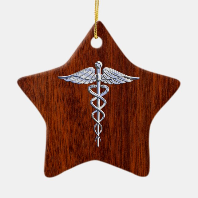 Silver Like Caduceus Medical Symbol Mahogany Print Ceramic Ornament (Front)