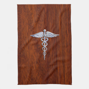 Silver Like Caduceus Medical Symbol Mahogany Print Kitchen Towel
