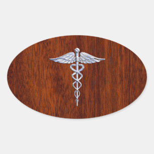 Silver Like Caduceus Medical Symbol Mahogany Print Oval Sticker