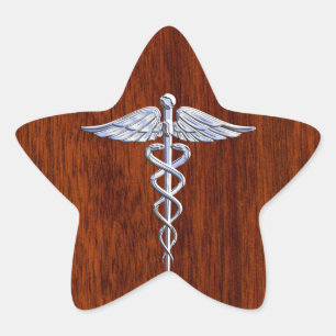 Silver Like Caduceus Medical Symbol Mahogany Print Star Sticker