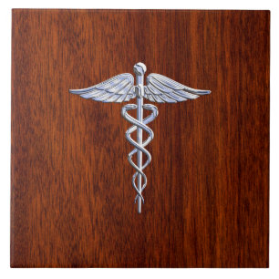 Silver Like Caduceus Medical Symbol Mahogany Print Tile