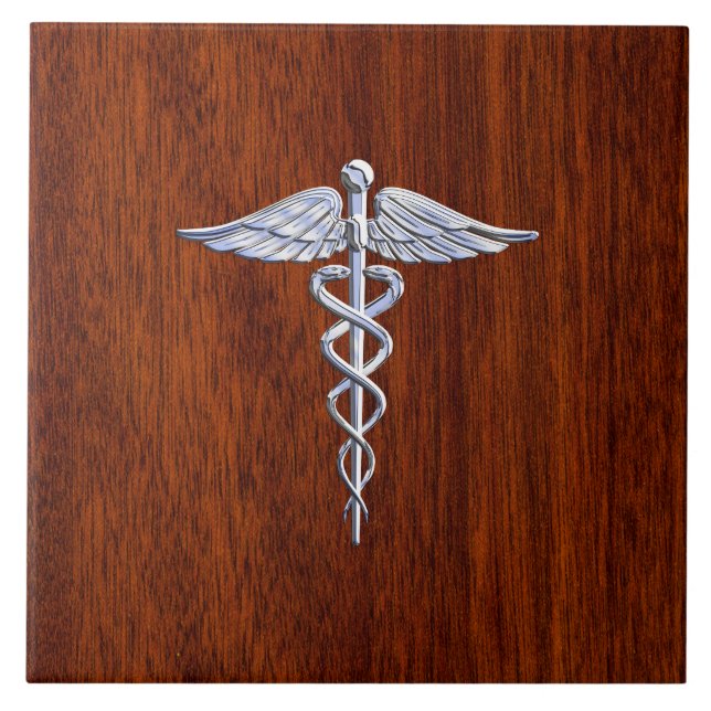 Silver Like Caduceus Medical Symbol Mahogany Print Tile (Front)