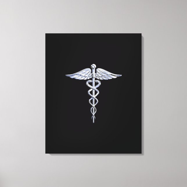 Silver Like Caduceus Medical Symbol on Black Decor (Front)