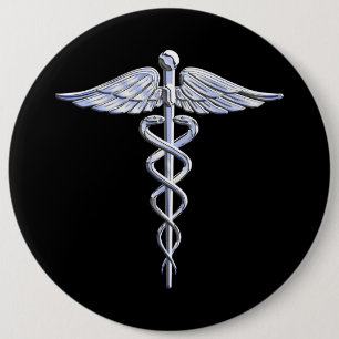 Silver Like Caduceus Medical Symbol on Black Decor 6 Inch Round Button