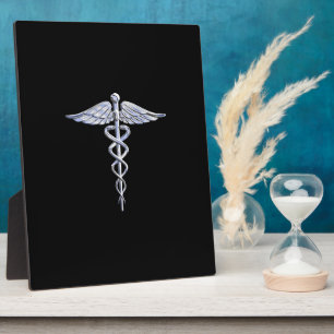 Silver Like Caduceus Medical Symbol on Black Decor Plaque