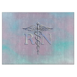 Silver Like RN Caduceus Medical Mother Pearl Cutting Board