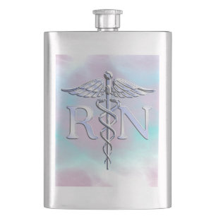 Silver Like RN Caduceus Medical Mother Pearl Hip Flask