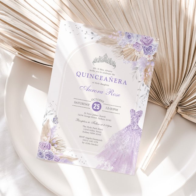 Silver Lilac Boho Floral Quinceañera 15th Birthday Invitation (Creator Uploaded)