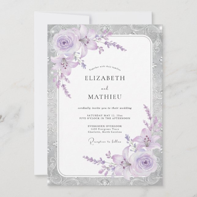 Silver Lilac Petal Wedding Invitation (Front)