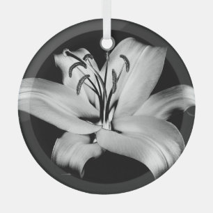 Silver Lily: Monochrome Floral Elegance. Glass Ornament