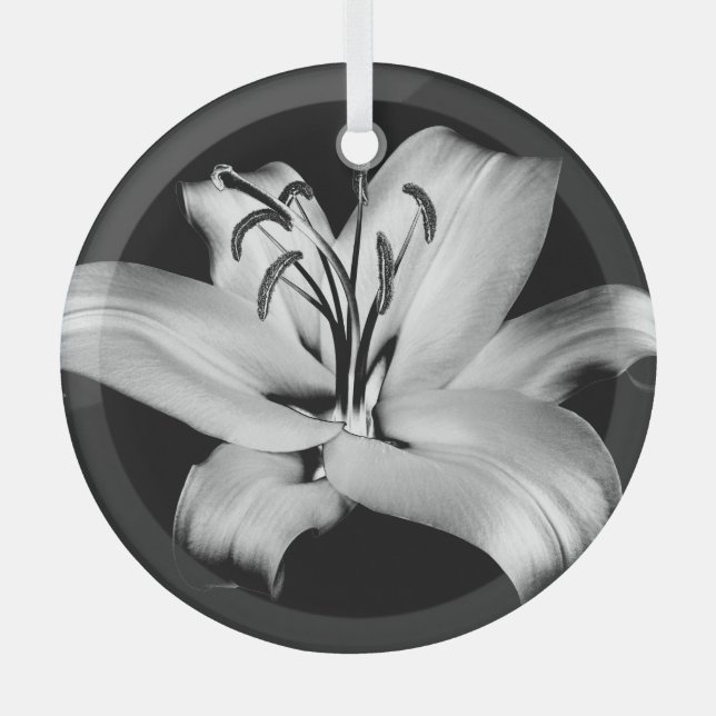 Silver Lily: Monochrome Floral Elegance. Glass Ornament (Front)
