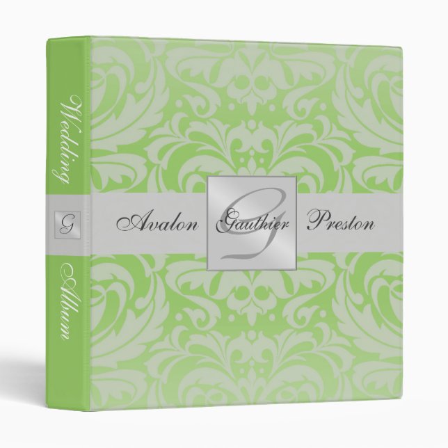 Silver & Lime Monogram Damask Wedding Album Binder (Front/Spine)