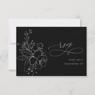 Silver Lined Floral on Black & Gold w Meal RSVP 2 Card