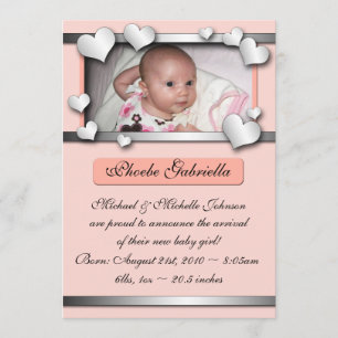 Silver Lining Hearts Peach Birth Announcements