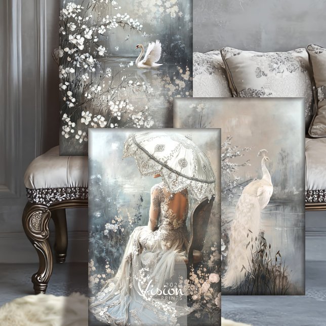 Silver Lining Romantic Heavyweight Decoupage SET Wrapping Paper Sheet (3 art prints, displayed in front of a luxury Silver blue, entryway background.)
