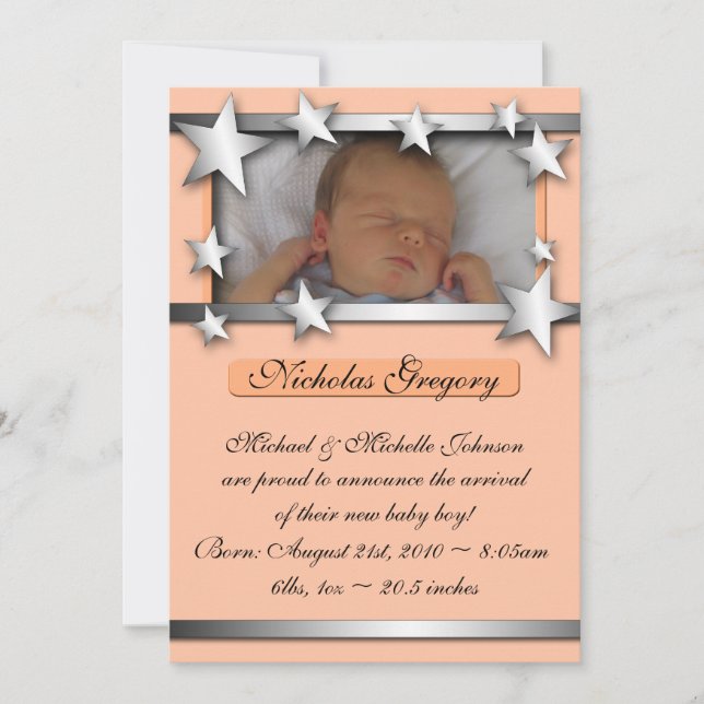 Silver Lining Stars Orange Birth Announcements (Front)