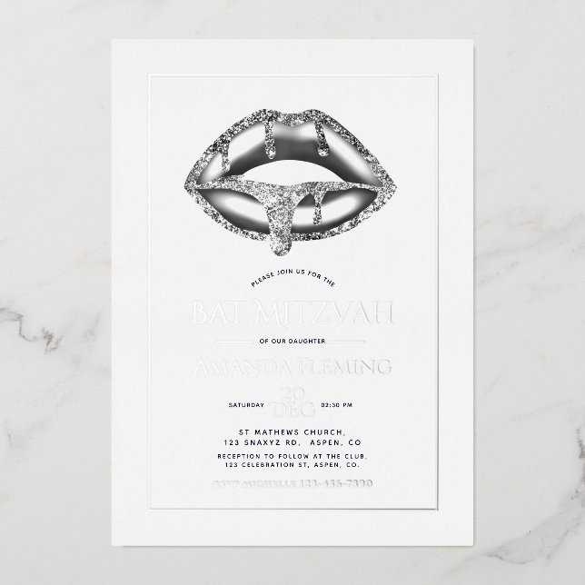 Silver Lips Bat Mitzvah Photo  Foil Invitation (Front)