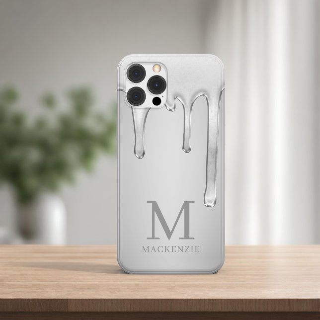 Silver Liquid Chrome Drips Metal Monogram iPhone Case (Silver Liquid Chrome Drips Metal Monogram iPhone Case)