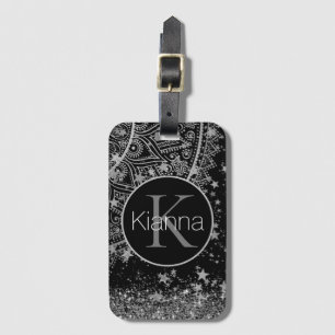 Silver Lotus Mandala with Silver Stars Monogram  Luggage Tag