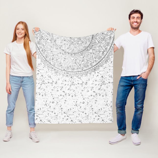Silver Lotus Mandala with Silver Stars on White Fleece Blanket (In Situ)