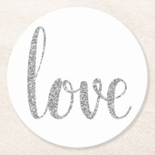 Silver love coasters, glitter, round paper coaster