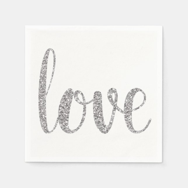 Silver love cocktail napkins, glitter font napkin (Front)