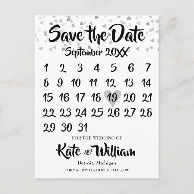 Silver Love Heart Calendar Save the Date Announcement Postcard (Front)
