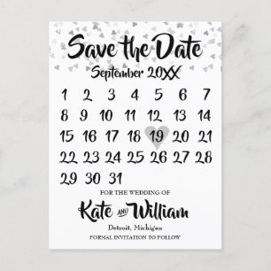 Silver Love Heart Calendar Save the Date Announcement Postcard