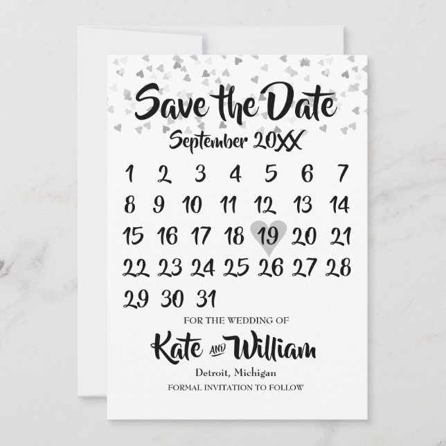 Silver Love Hearts Confetti Calendar Save the Date (Front)