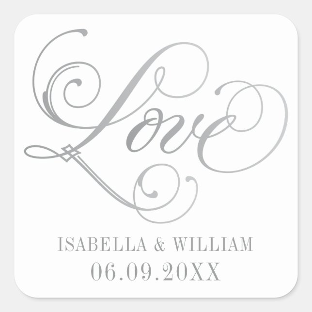 Silver Love Script Elegant Monogram Wedding Square Sticker (Front)