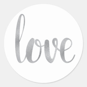 Silver love stickers, foil font classic round sticker