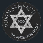 Silver Magen David Custom Purim Any Holiday Classic Round Sticker<br><div class="desc">Create your own custom Purim stickers with this elegant faux silver glitter Magen David design or edit PURIM SAMEACH for any holiday or occasion. The grey silver Star of David is accented by an optional year in dark silvery grey in the centre and two soft grey silver text templates in...</div>