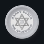 Silver Magen David Star Happy Purim Party Paper Plate<br><div class="desc">Set a festive party table with these custom Happy Purim paper plates in silvery grey and white with a faux glitter silver Magen Daveid star and your custom text. The soft silvery grey is the background for a white centre, coordinating darker grey text that can be personalized with your name...</div>