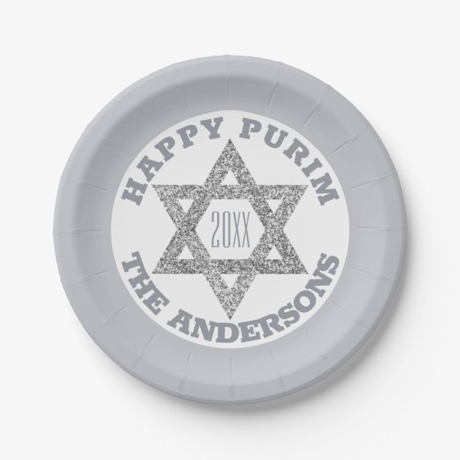 Silver Magen David Star Happy Purim Party Paper Plate (Front)