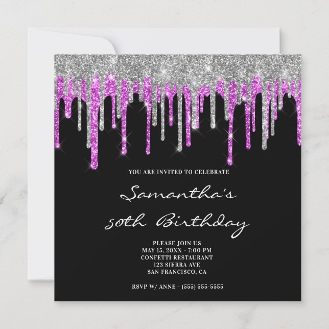 Silver Magenta Glitter Drips Black 50th Birthday Invitation (Front)