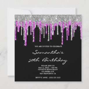 Silver Magenta Glitter Drips Black 50th Birthday Invitation