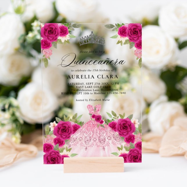 Silver Magenta Pink Dress Floral 15th Quinceañera Acrylic Invitations (Creator Uploaded)