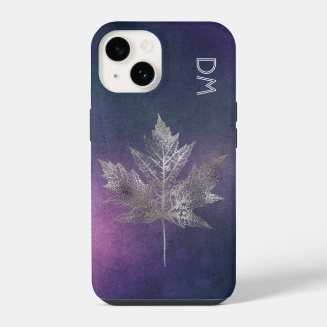 Silver Maple Leaf on Pink Purple Monogram   iPhone Case (Back)